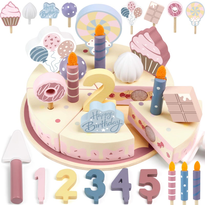 Airlab Wooden Birthday Party Cake Play Food Sets for Toddler 2 3 4 5 Year Old Girls Boys Kids Kitchen Accessories Pretend Play Toy Gift Educational Toys - Image 2