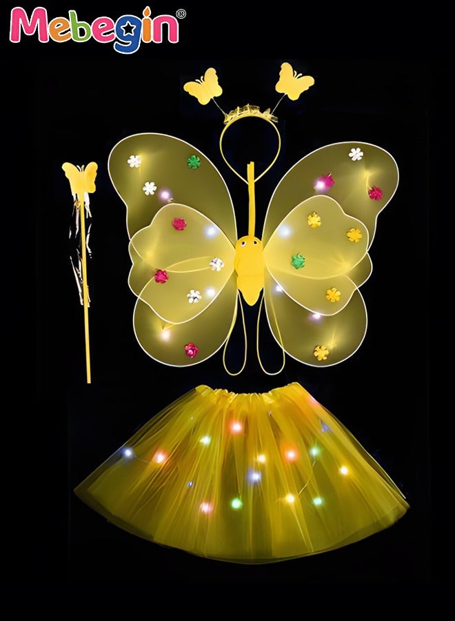 4 PCS LED Glowing Butterfly Wings Back Decoration with 1 Headband 1 Skirt 1 Fairy Stick for Little Girl, Light Up Luminous Costume for Party Photo Prop Party Favor Yellow