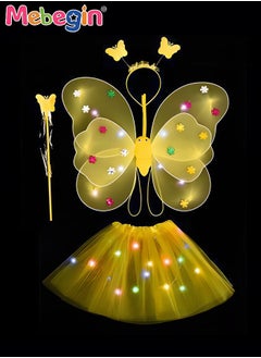 MEBEGIN 4 PCS LED Glowing Butterfly Wings Back Decoration with 1 Headband 1 Skirt 1 Fairy Stick for Little Girl, Light Up Luminous Costume for Party Photo Prop Party Favor Yellow  - Image 1