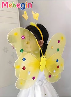 MEBEGIN 4 PCS LED Glowing Butterfly Wings Back Decoration with 1 Headband 1 Skirt 1 Fairy Stick for Little Girl, Light Up Luminous Costume for Party Photo Prop Party Favor Yellow  - Image 2