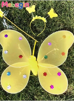 MEBEGIN 4 PCS LED Glowing Butterfly Wings Back Decoration with 1 Headband 1 Skirt 1 Fairy Stick for Little Girl, Light Up Luminous Costume for Party Photo Prop Party Favor Yellow  - Image 3