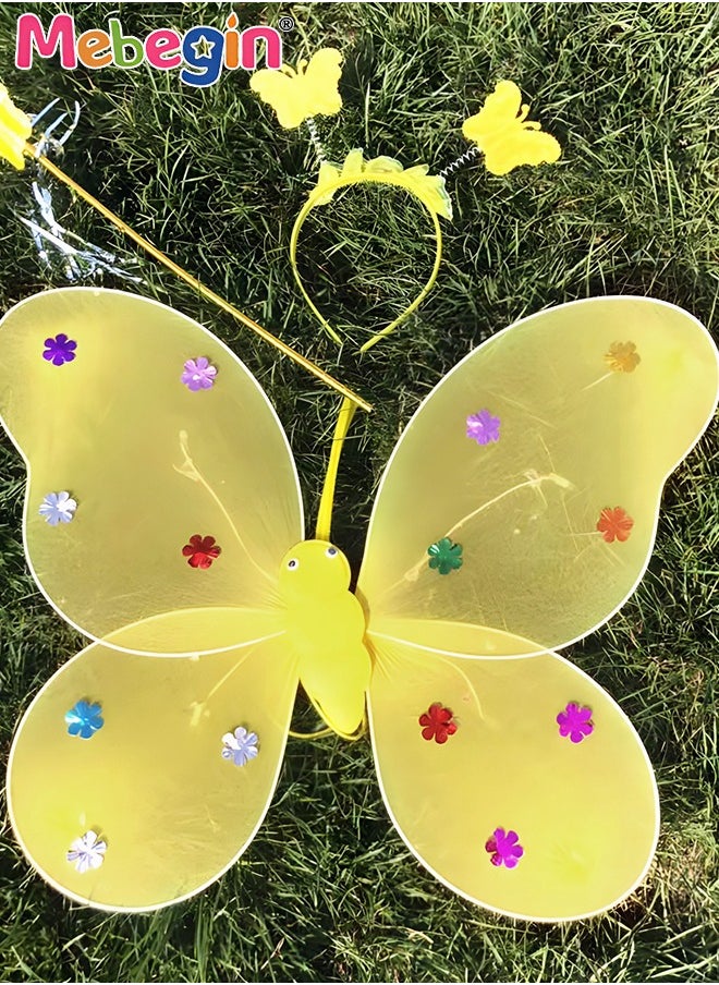 MEBEGIN 4 PCS LED Glowing Butterfly Wings Back Decoration with 1 Headband 1 Skirt 1 Fairy Stick for Little Girl, Light Up Luminous Costume for Party Photo Prop Party Favor Yellow  - Image 3