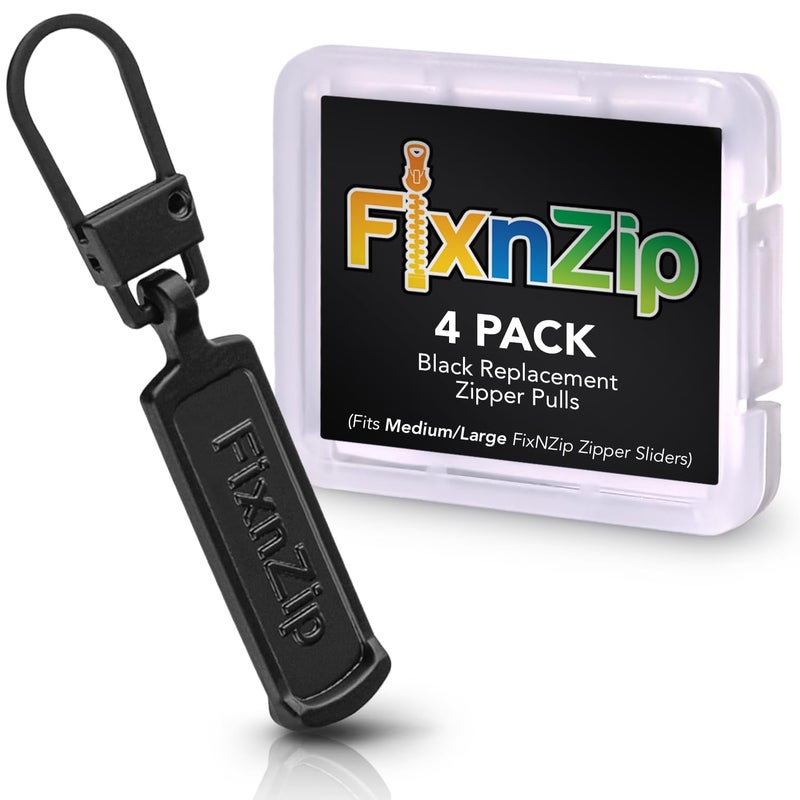 FixNZip Medium to Large Black Zipper Pull Replacements (4-Pack) | Universal Clip-On Pull Tabs for Zipper Repair, Sliders & Luggage, Jackets, Backpacks, Tents, Sleeping Bags & Outdoor Gear - Image 1