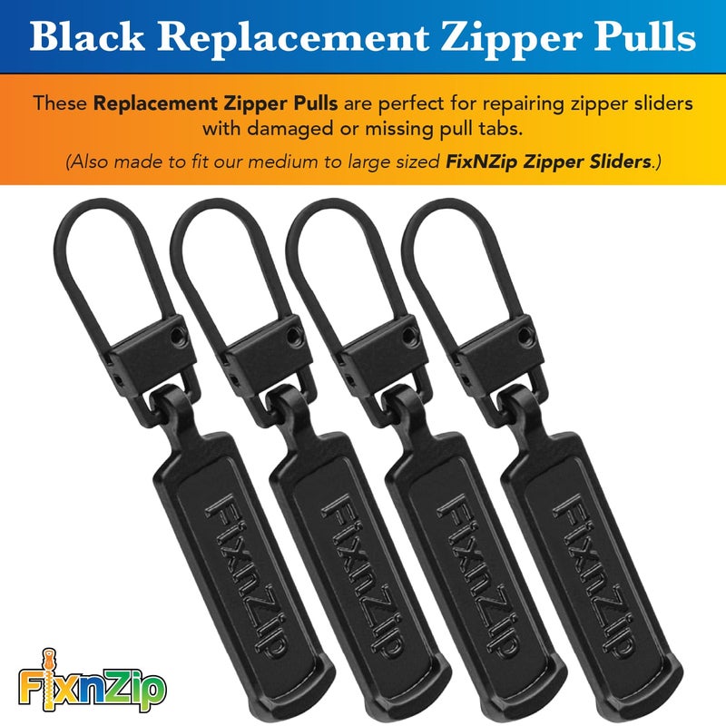 FixNZip Medium to Large Black Zipper Pull Replacements (4-Pack) | Universal Clip-On Pull Tabs for Zipper Repair, Sliders & Luggage, Jackets, Backpacks, Tents, Sleeping Bags & Outdoor Gear - Image 2