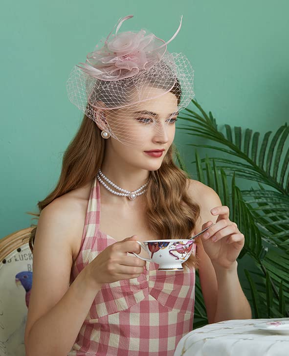 Cizoe Fascinators Hats 20s 50s Hat Pillbox Hat Cocktail Tea Party Headwear with Veil for Girls and Women(D-Blush Pink) - Image 3