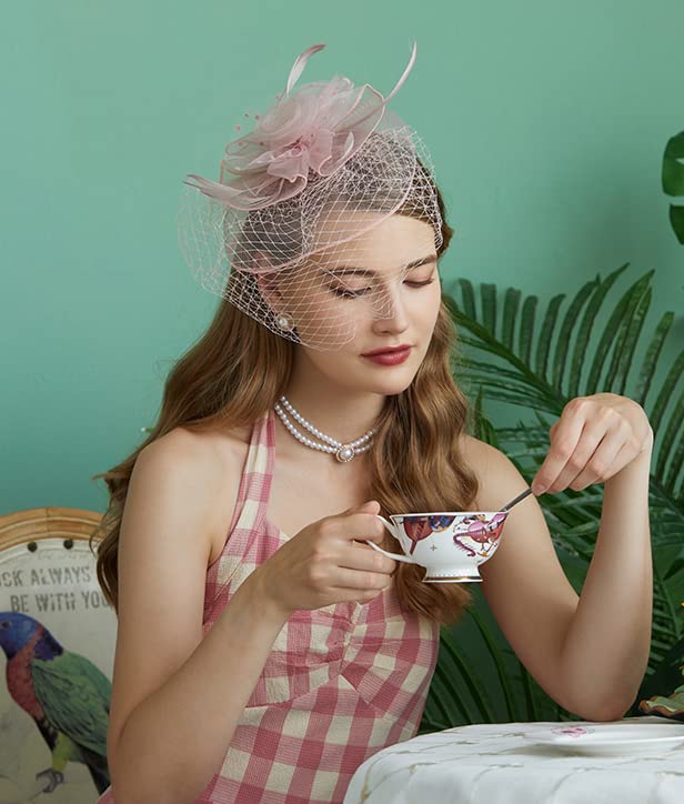 Cizoe Fascinators Hats 20s 50s Hat Pillbox Hat Cocktail Tea Party Headwear with Veil for Girls and Women(D-Blush Pink) - Image 2