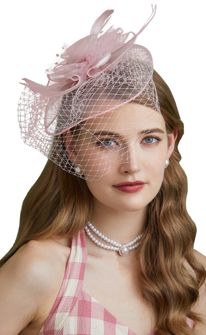 Cizoe Fascinators Hats 20s 50s Hat Pillbox Hat Cocktail Tea Party Headwear with Veil for Girls and Women(D-Blush Pink) - Image 1