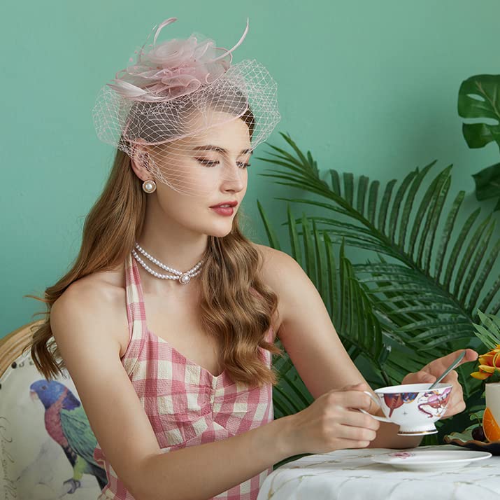 Cizoe Fascinators Hats 20s 50s Hat Pillbox Hat Cocktail Tea Party Headwear with Veil for Girls and Women(D-Blush Pink) - Image 5