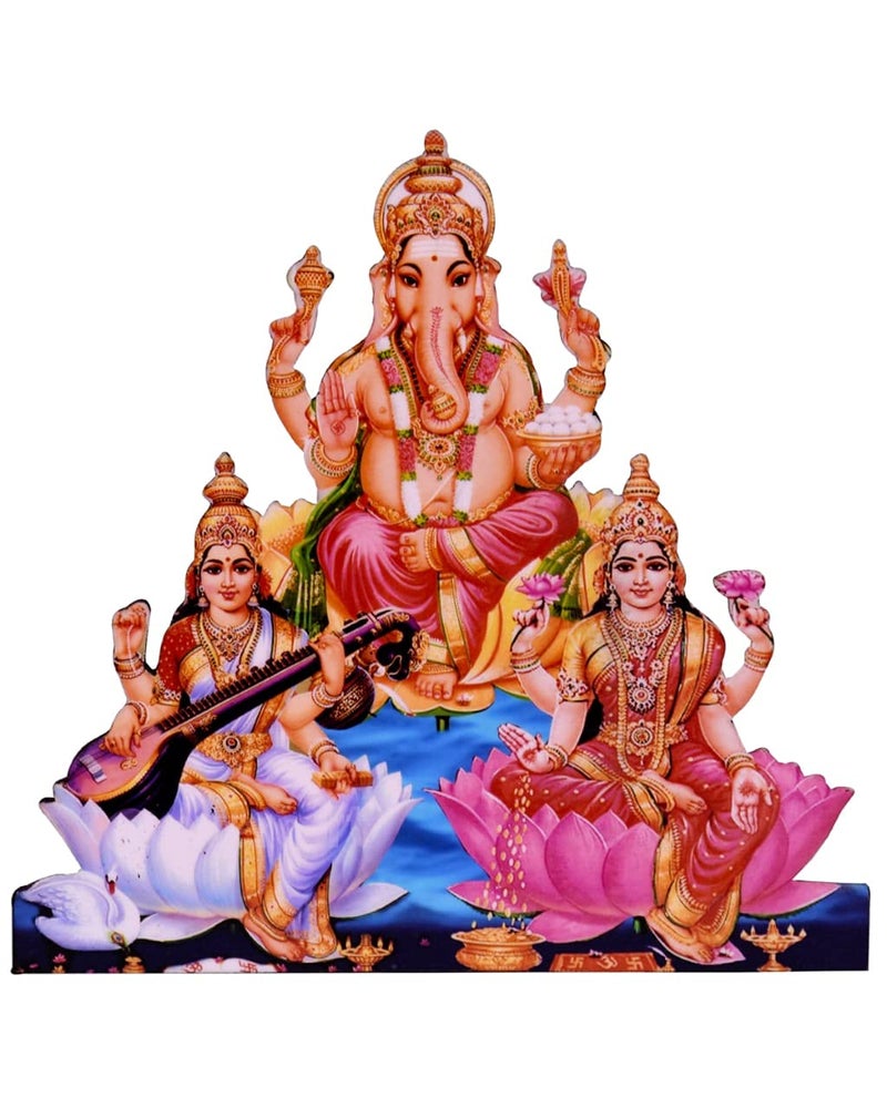 Vils God GanapatiVinayakaGoddess SaraswatiGoddess Lakshmi Divine Holy Blessing Wood Plastic StatuePhotoFrame Cutout with Backstand Size 6 inch X 6 inch Multicolor - Image 1
