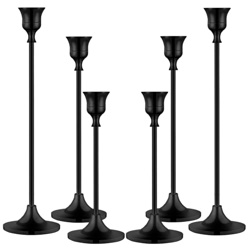 Pusenlan Metal Candle Holders for Candlesticks Taper Candlestick Holders Set Vintage Decorative Centerpiece Candelabra Tall Candle Stands for Halloween Thanksgiving Christmas (Matt Black, 2 Sets (6 pcs)) - Image 1