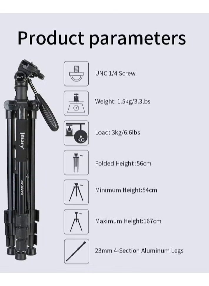 Jmary KP-2274 CameraAluminium Tripod with 4 Sections Professional Detachable Monopod Tripod with 360 Degree Head Quick Release Plate - Image 4