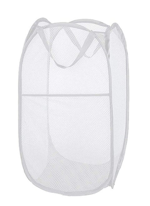 Foldable Pop Up Net Laundry Basket  Storage Solution  Compact Bin  Mesh Collapsible Bag  Laundry Hamper  Collapsible Laundry Basket with Durable Handles & Side (White)