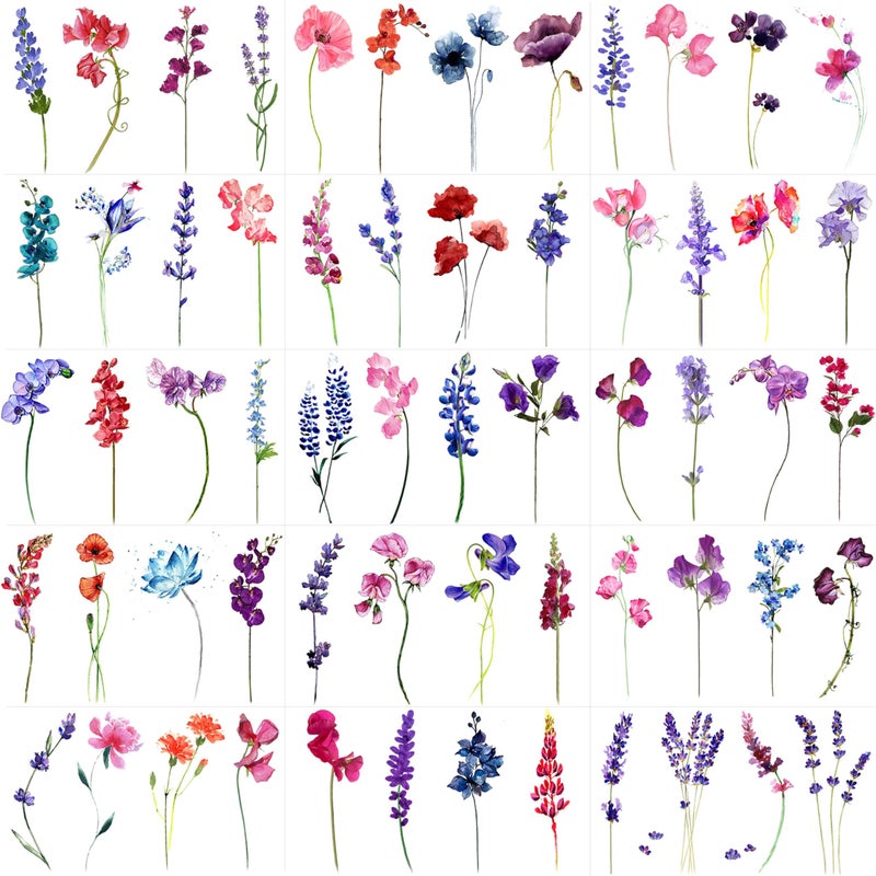 GOROMON 15 Sheets Watercolor Flower Lavender Temporary Tattoos For Women Adults, Water Color Tiny Wild Floral Tattoo Sticker, Fake Tattoos That Look Real And Long Lasting - Image 1