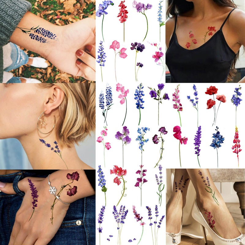 GOROMON 15 Sheets Watercolor Flower Lavender Temporary Tattoos For Women Adults, Water Color Tiny Wild Floral Tattoo Sticker, Fake Tattoos That Look Real And Long Lasting - Image 2