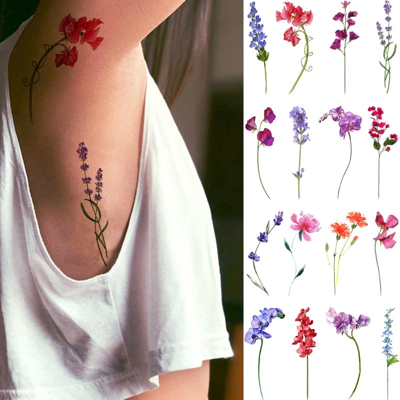 GOROMON 15 Sheets Watercolor Flower Lavender Temporary Tattoos For Women Adults, Water Color Tiny Wild Floral Tattoo Sticker, Fake Tattoos That Look Real And Long Lasting - Image 3
