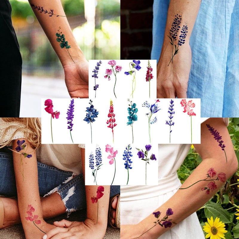 GOROMON 15 Sheets Watercolor Flower Lavender Temporary Tattoos For Women Adults, Water Color Tiny Wild Floral Tattoo Sticker, Fake Tattoos That Look Real And Long Lasting - Image 4
