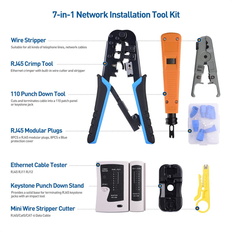 Cable Matters 7-in-1 Network Tool Kit with RJ45 Ethernet Crimping Tool, Punch Down Tool, Punch Down Stand, Cable Tester, RJ45 Connectors, RJ45 Boots, and Wire Strippers - Carrying Case Included - Image 2