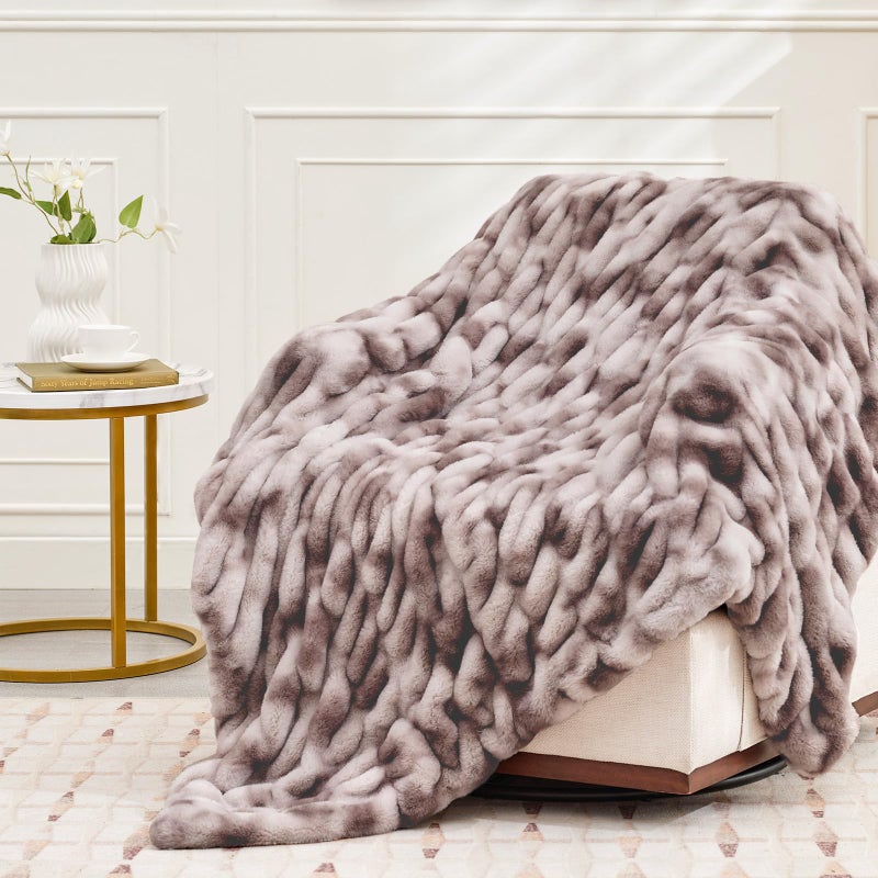 VFROO Ultra Soft Luxury Faux Fur Twin Blanket for Counch Fuzzy Fluffy Plush Warm Cozy Elegant Wrinkled Blanket for Sofa Bedroom Living Room (60""x80"" Tie-dye Taupe) - Image 3