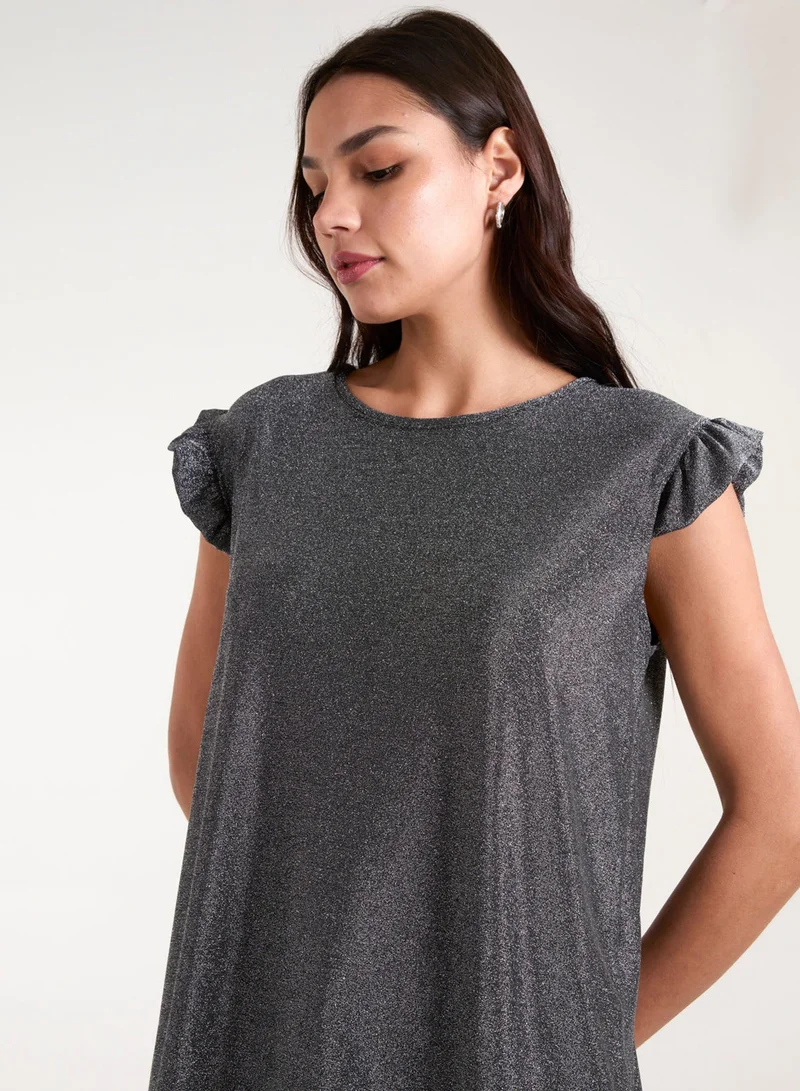 بلو فانيلا بلوزة بأكمام مكشكشة معدنية