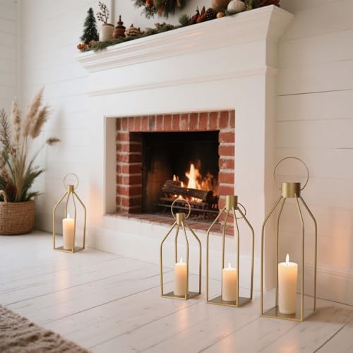 Kehail Elegant Gold Decorative Lanterns Set of 3-19/16/13 Inch Metal Indoor Lanterns Decorative with Flickering LED Candles, Front Entrance Decor for Home Wedding Christmas Housewarming Gift - Image 4
