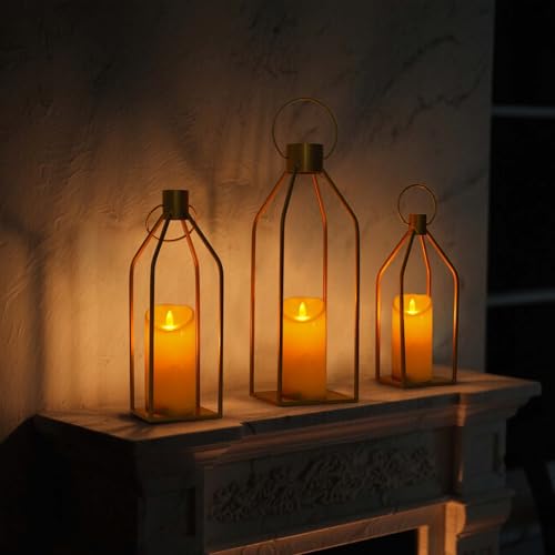 Kehail Elegant Gold Decorative Lanterns Set of 3-19/16/13 Inch Metal Indoor Lanterns Decorative with Flickering LED Candles, Front Entrance Decor for Home Wedding Christmas Housewarming Gift - Image 5