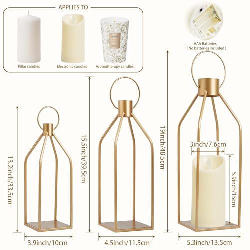 Kehail Elegant Gold Decorative Lanterns Set of 3-19/16/13 Inch Metal Indoor Lanterns Decorative with Flickering LED Candles, Front Entrance Decor for Home Wedding Christmas Housewarming Gift - Image 3