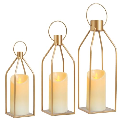 Kehail Elegant Gold Decorative Lanterns Set of 3-19/16/13 Inch Metal Indoor Lanterns Decorative with Flickering LED Candles, Front Entrance Decor for Home Wedding Christmas Housewarming Gift - Image 1