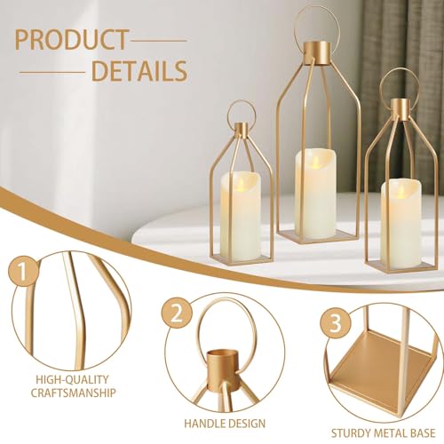 Kehail Elegant Gold Decorative Lanterns Set of 3-19/16/13 Inch Metal Indoor Lanterns Decorative with Flickering LED Candles, Front Entrance Decor for Home Wedding Christmas Housewarming Gift - Image 2