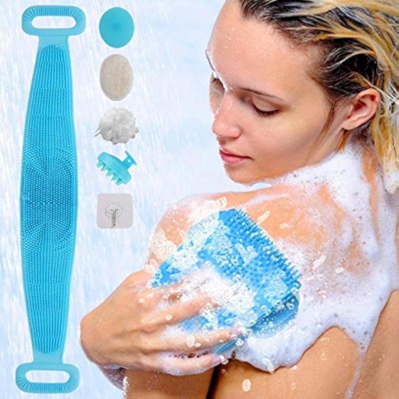 Silicone Back Scrubber For Shower, Double Sided Body Bath Bush, Exfoliating Body Brush Back Washer, Deep Clean Massage Skin,Comfortable Massage Back Cleaner For Men and Women (Blue)