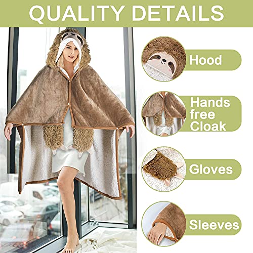 Happy Fuel Sloth Wearable Hooded Blanket for Adults - Super Soft Warm Cozy Plush Flannel Fleece & Sherpa Hoodie Throw Cloak Wrap - Sloth Gifts for Women Adults and Kids - Image 4