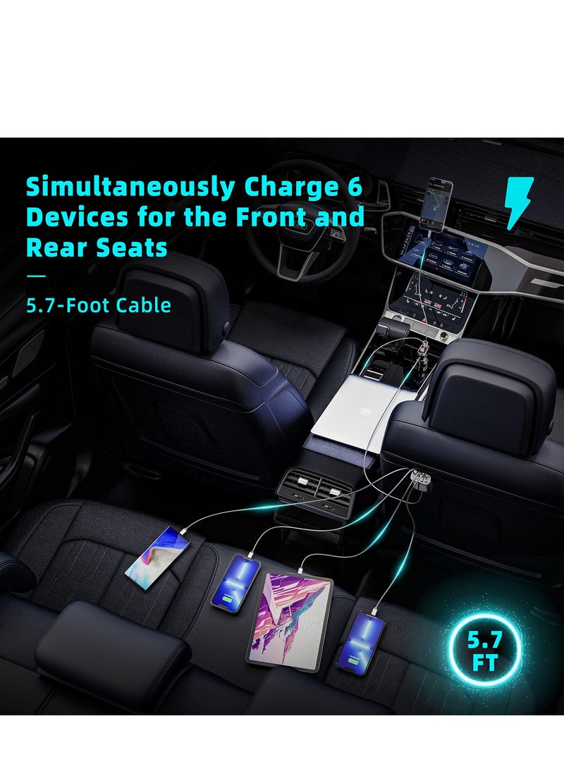 KASTWAVE 6 Multi Ports USB C Car Charger with PD/QC 3.0 Port, Compatible with 12-24V Vehicles, Max 103W Car Charger Adapter with 5.7FT Cable for Rear Seat Charging, Cigarette Lighter Splitter(Black) - Image 4