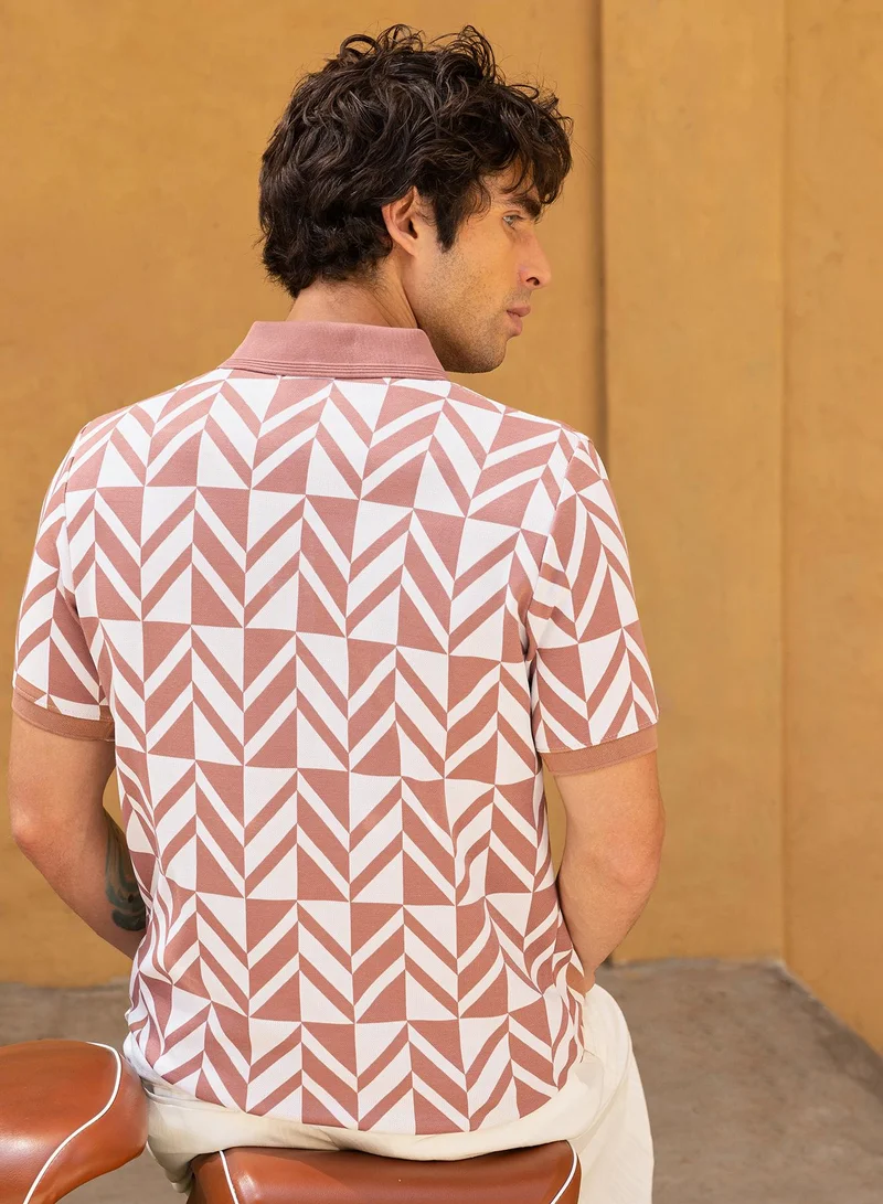 CAHOOT  Men's Brown Self Design T-Shirt For Casual Wear | Polo Collar | Short Sleeve | Button Closure | Cotton Blend T-Shirt Crafted With Comfort Fit For Everyday Wear for Men | Best Price UAE