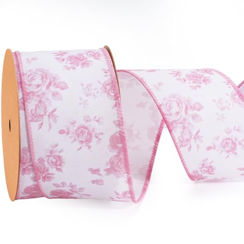 Laribbons Spring Floral Wired Ribbon, 2.5 Inch x 10 Yards, Pink Rose Ribbon for Wreath Making, Bows, Crafts & Decorative Use - Image 1