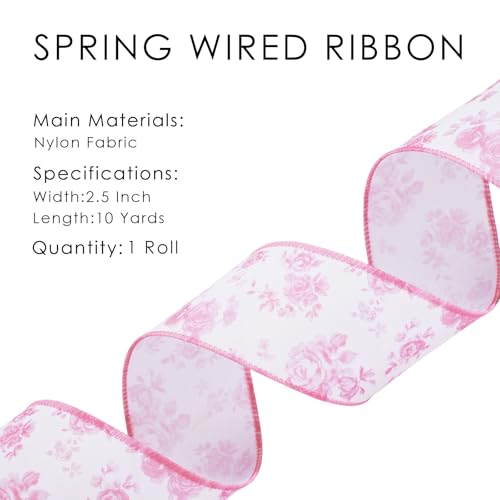 Laribbons Spring Floral Wired Ribbon, 2.5 Inch x 10 Yards, Pink Rose Ribbon for Wreath Making, Bows, Crafts & Decorative Use - Image 5