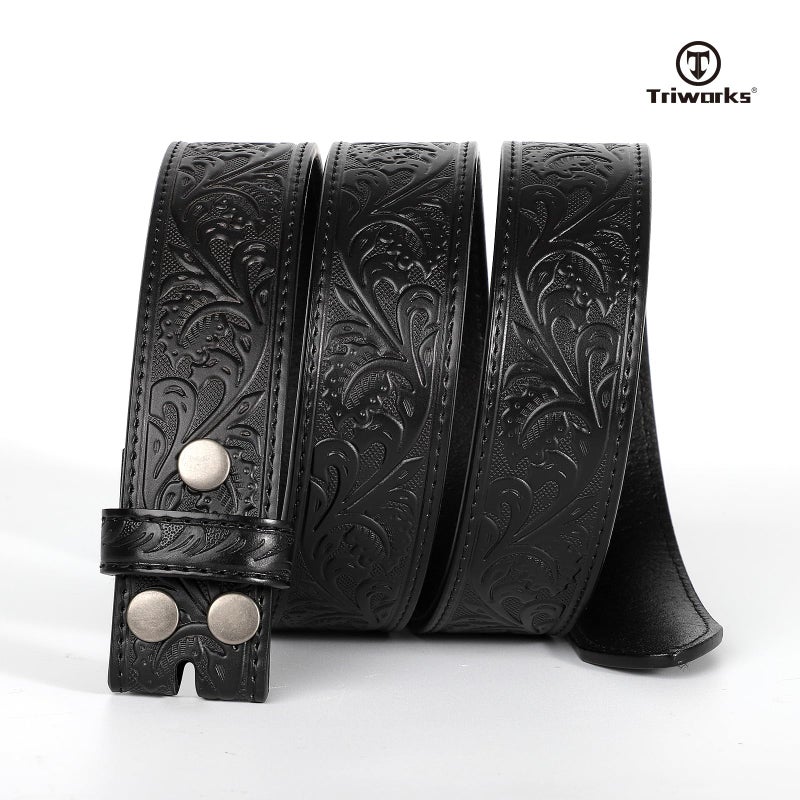 TRIWORKS Western Belt Strap for Men without Buckle 1.5" Wide Floral Engraved Embossed Leather Belt Strap - Image 2