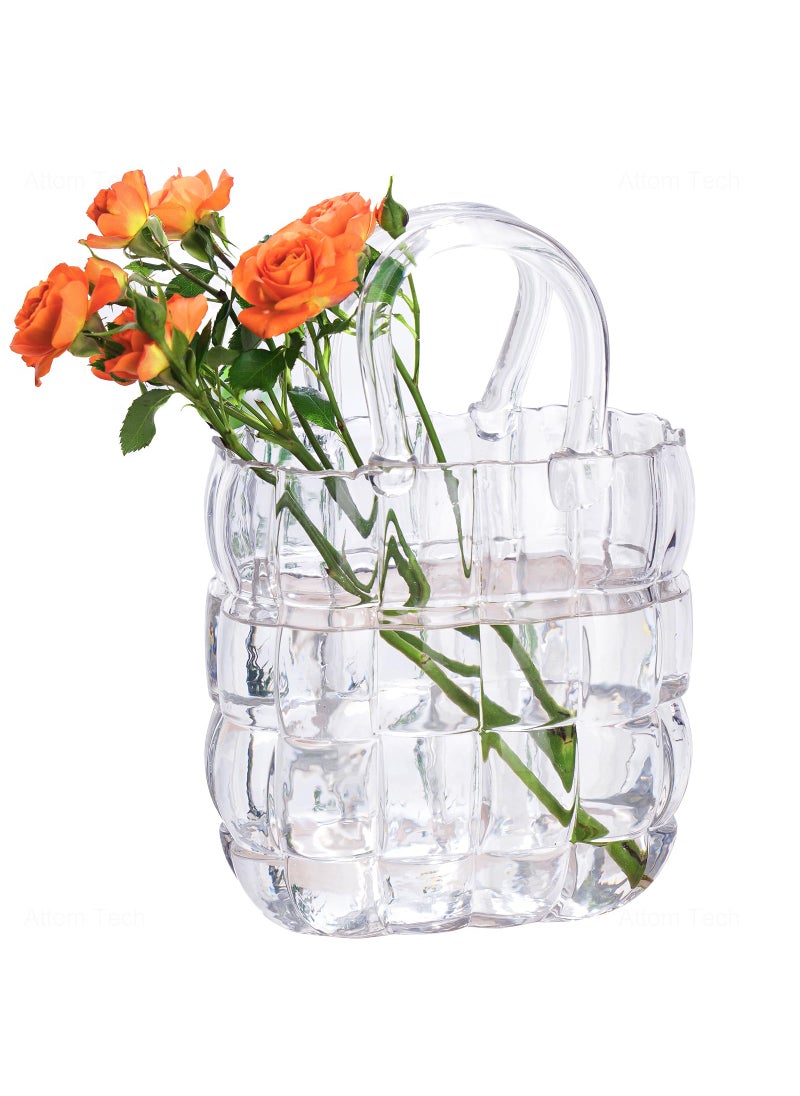 NiHome NiHome Glass Purse Vase Clear Glass Bag Vase with Handle Handbag Shape Vase for Flowers Farmhouse Decor Handmade Wide Mouth Glass Vase for Office Home Living Room Dining Table Decor  - Image 1
