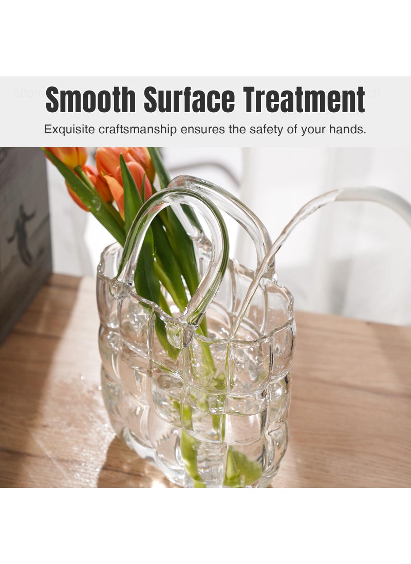 NiHome NiHome Glass Purse Vase Clear Glass Bag Vase with Handle Handbag Shape Vase for Flowers Farmhouse Decor Handmade Wide Mouth Glass Vase for Office Home Living Room Dining Table Decor  - Image 5