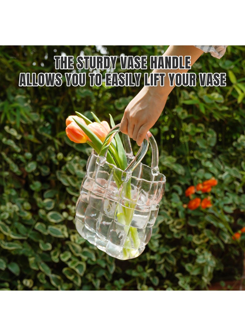 NiHome NiHome Glass Purse Vase Clear Glass Bag Vase with Handle Handbag Shape Vase for Flowers Farmhouse Decor Handmade Wide Mouth Glass Vase for Office Home Living Room Dining Table Decor  - Image 4