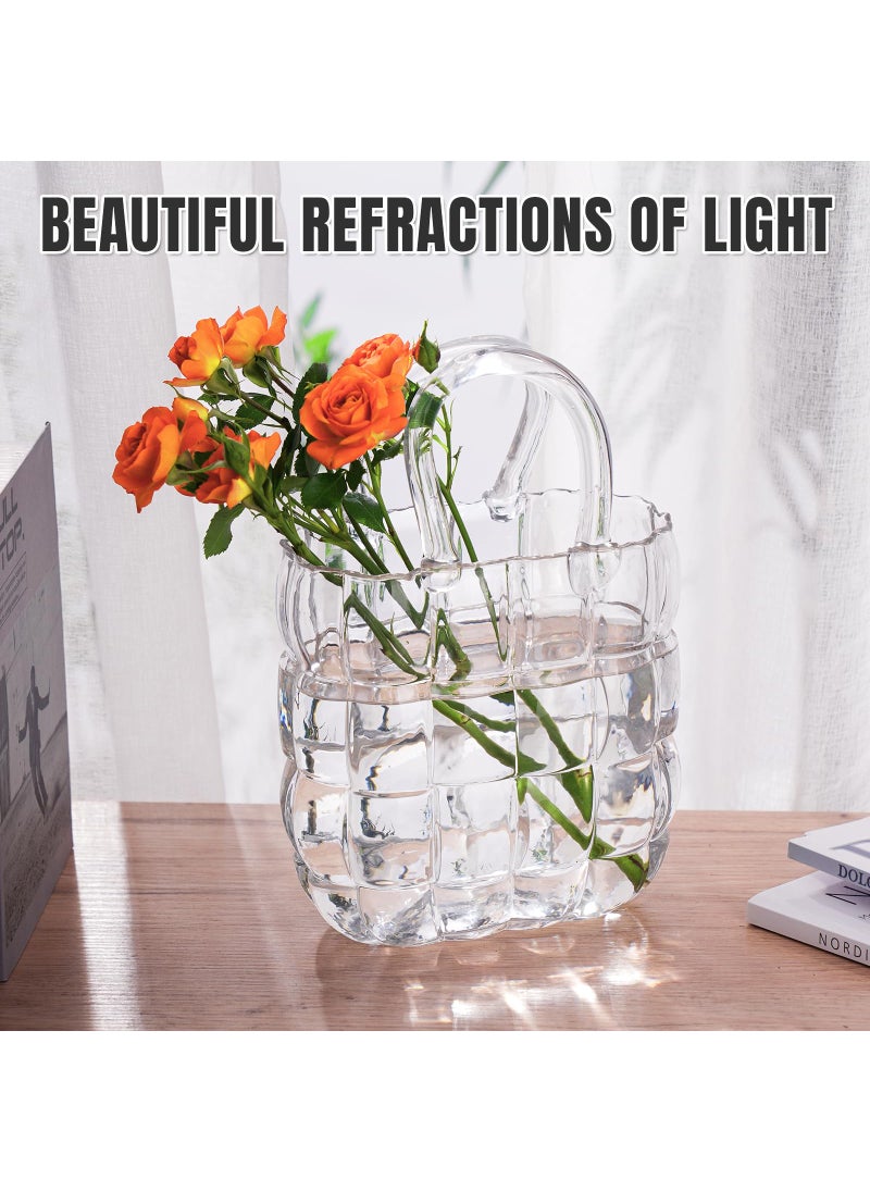 NiHome NiHome Glass Purse Vase Clear Glass Bag Vase with Handle Handbag Shape Vase for Flowers Farmhouse Decor Handmade Wide Mouth Glass Vase for Office Home Living Room Dining Table Decor  - Image 2