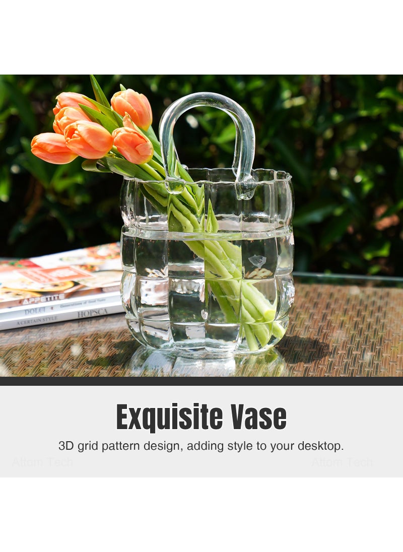 NiHome NiHome Glass Purse Vase Clear Glass Bag Vase with Handle Handbag Shape Vase for Flowers Farmhouse Decor Handmade Wide Mouth Glass Vase for Office Home Living Room Dining Table Decor  - Image 3