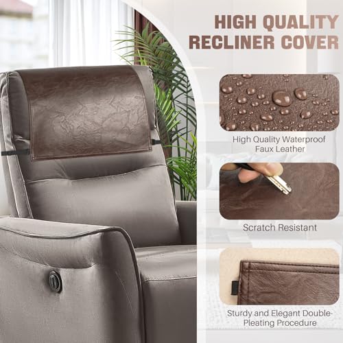 Xmntdo Recliner Headrest Protector,Non Slip Waterproof Headrest Cover,Leather Recliner Headrest Cover for Sofa,Furniture,Living Room,Office Chair 17x27 in(Brown) - Image 4