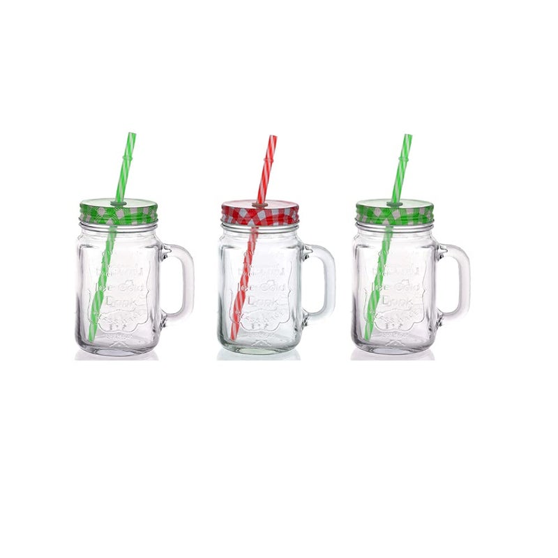 Kosh Mason Jar With Lid And Straw For Drinks Beverages Fruit Juice Glass Airtight Frosty Jar with Handle Mason mug Jars set with Lid and Reusable Straw Random Color Clear 450 ml 3 PC - Image 1
