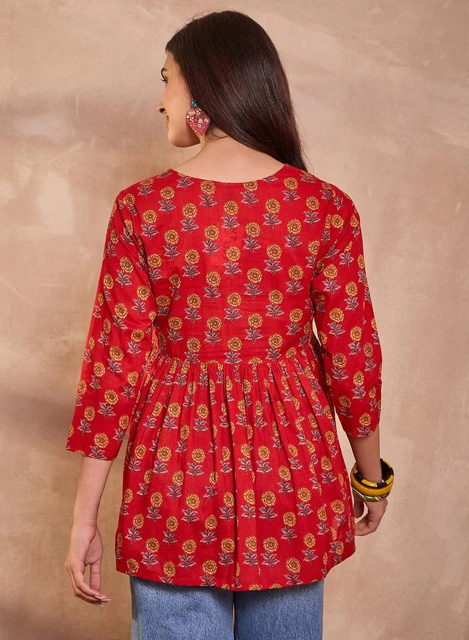 Take Two  Red Floral Peplum Top - V-Neck Three-Quarter Sleeve By  AHIKA for Women | Best Price UAE