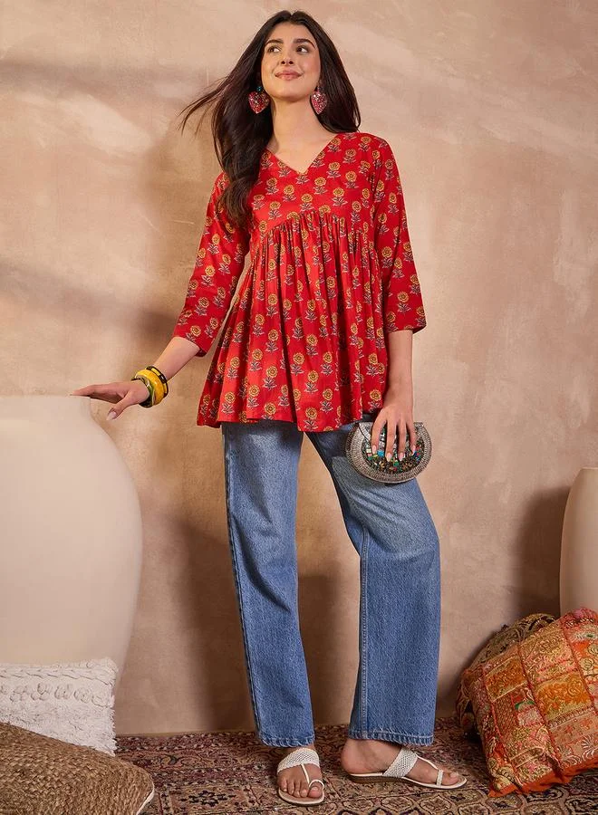 Take Two  Red Floral Peplum Top - V-Neck Three-Quarter Sleeve By  AHIKA for Women | Best Price UAE