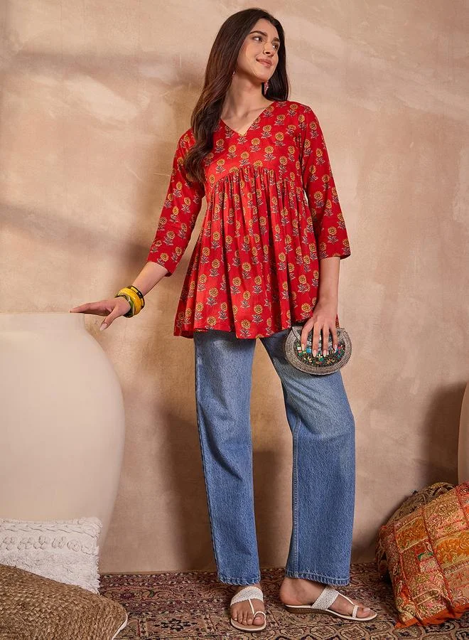 Take Two  Red Floral Peplum Top - V-Neck Three-Quarter Sleeve By  AHIKA for Women | Best Price UAE