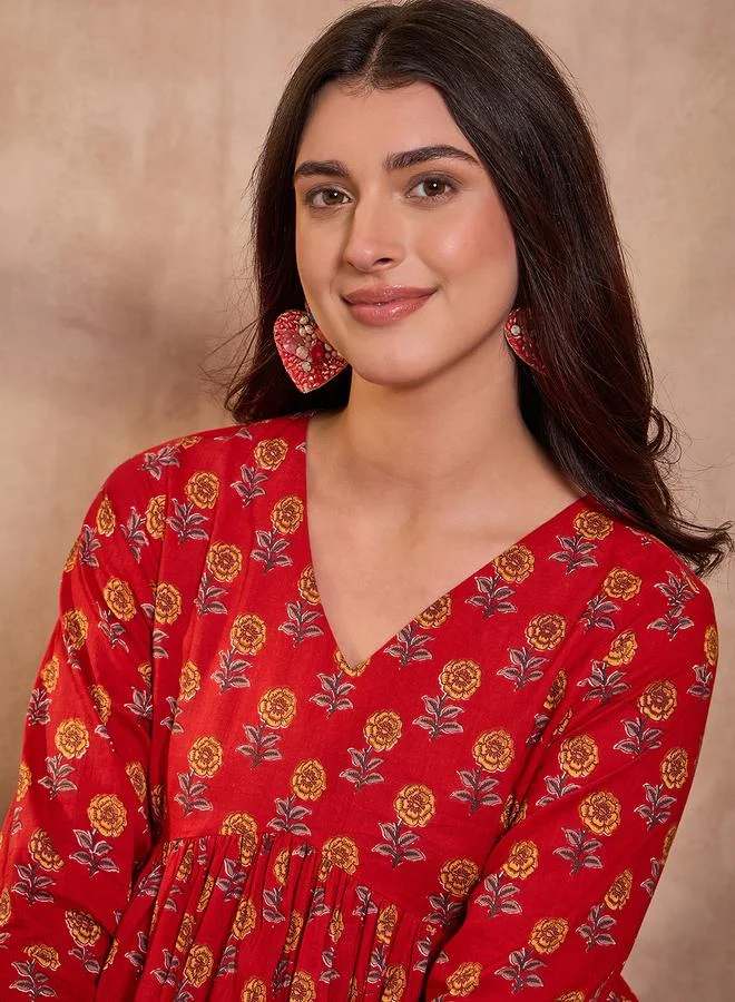 Take Two  Red Floral Peplum Top - V-Neck Three-Quarter Sleeve By  AHIKA for Women | Best Price UAE