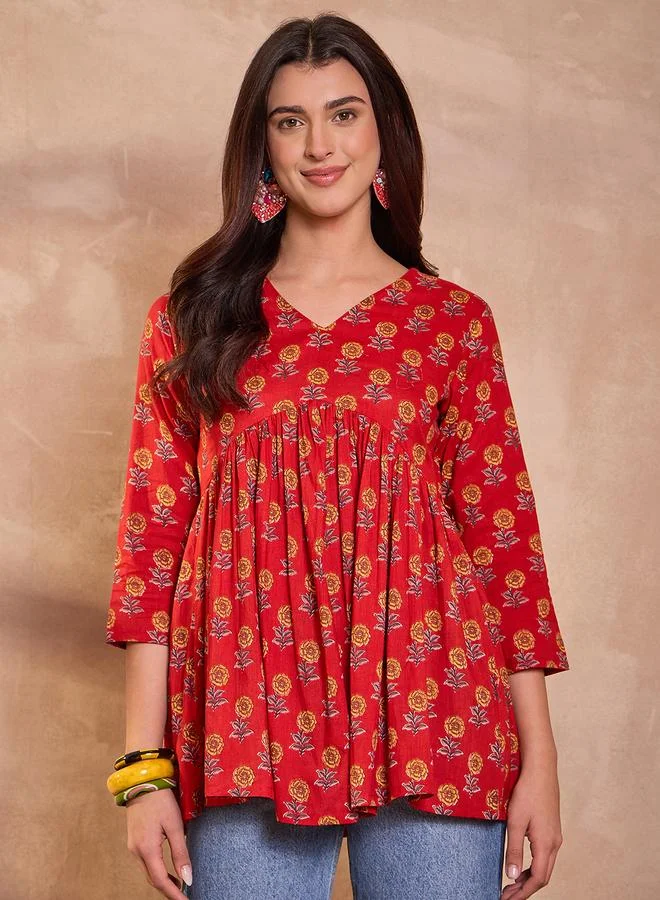 Take Two  Red Floral Peplum Top - V-Neck Three-Quarter Sleeve By  AHIKA for Women | Best Price UAE