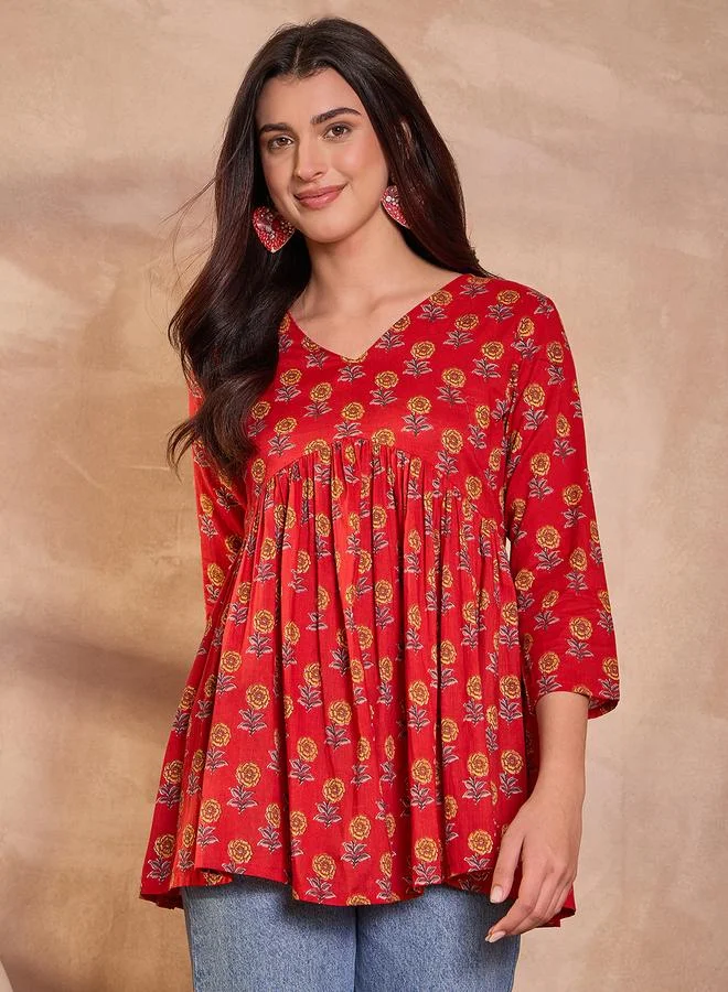 Red Floral Peplum Top - V-Neck Three-Quarter Sleeve By  AHIKA