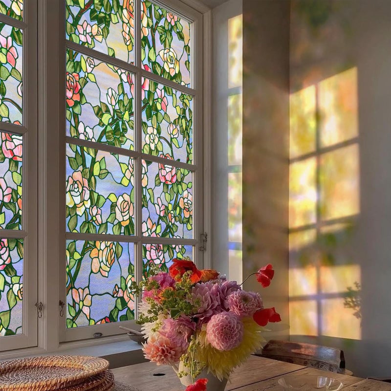 ADD.HERES 3D Stained Glass Window Film, Decorative Window Privacy Film for Bathroom, Front Door, Home, Sun Blocking Heat Control, Static Cling, Beast Rose 35.4inch x 78.7inch - Image 1