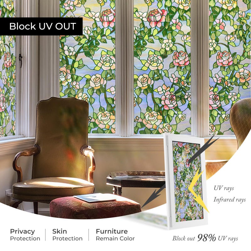 ADD.HERES 3D Stained Glass Window Film, Decorative Window Privacy Film for Bathroom, Front Door, Home, Sun Blocking Heat Control, Static Cling, Beast Rose 35.4inch x 78.7inch - Image 5
